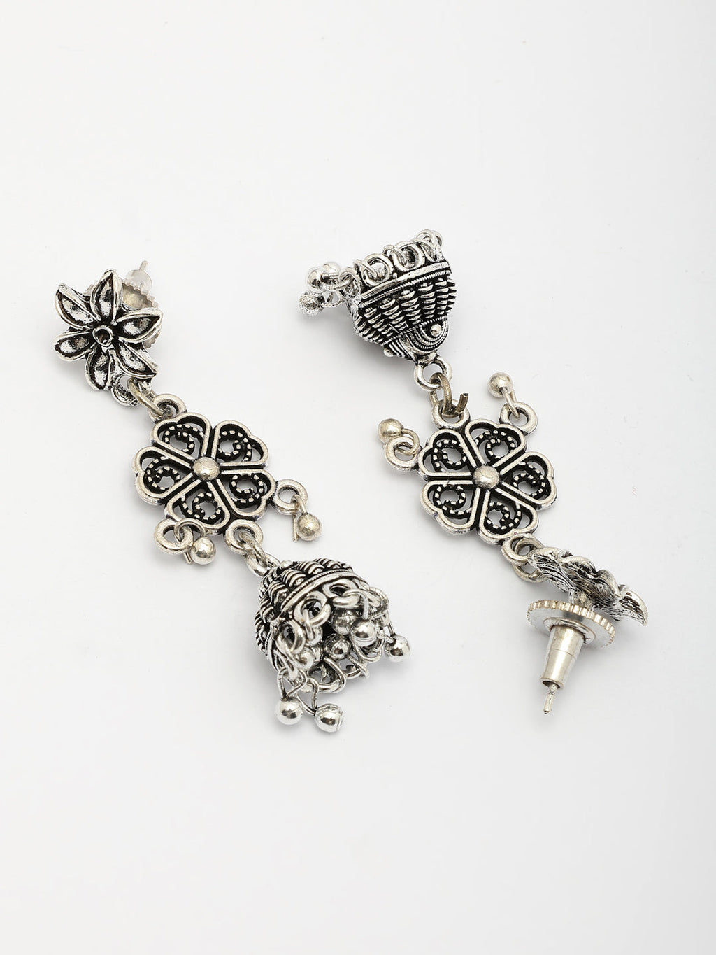 NVR Women Silver Toned Oxidized Floral Design Jhumka Earrings