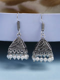 NVR Women's Oxidized Silver Plated White Artificial Beads Jhumka Earrings