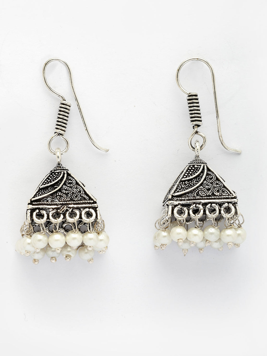 NVR Women's Oxidized Silver Plated White Artificial Beads Jhumka Earrings