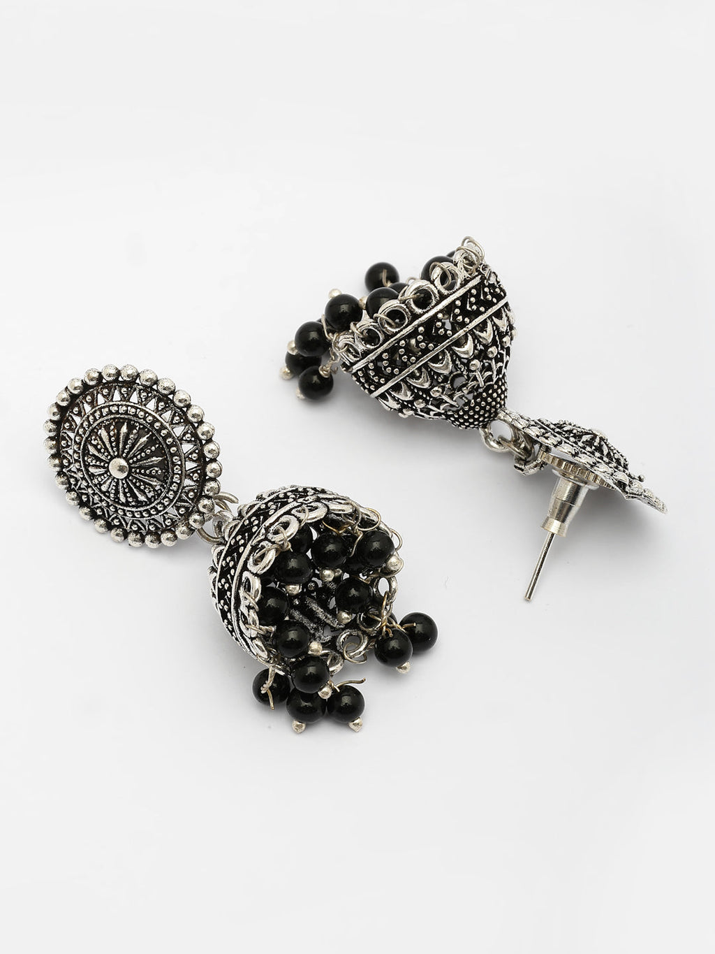 NVR Women's Oxidized Silver Plated Black Artificial Beads Jhumka Earrings