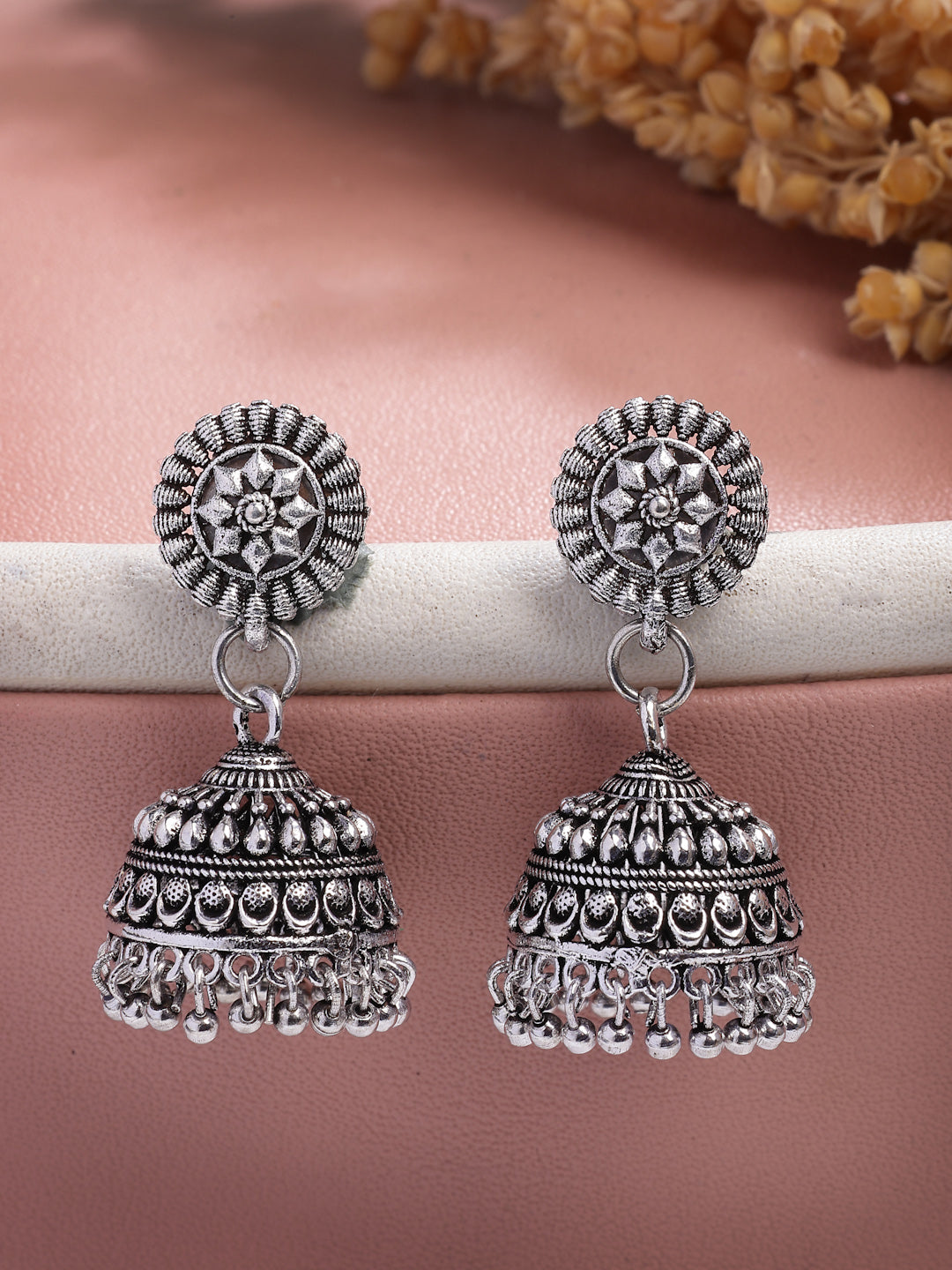 NVR Women Silver Plated Traditional Oxidized Jhumka Earrings