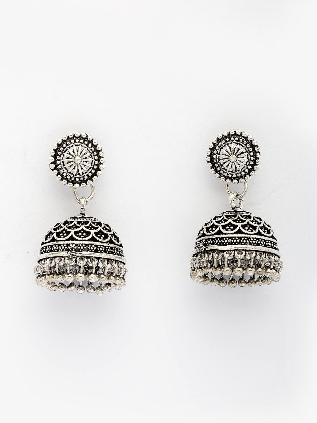 NVR Women Silver Plated Round Shape Oxidized Traditional Jhumka Earrings
