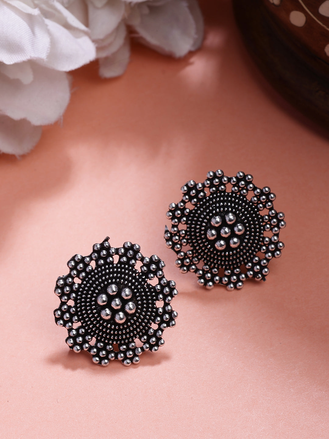 NVR Women's Silver Plated Oxidized Round Shape Traditional Stud Earrings