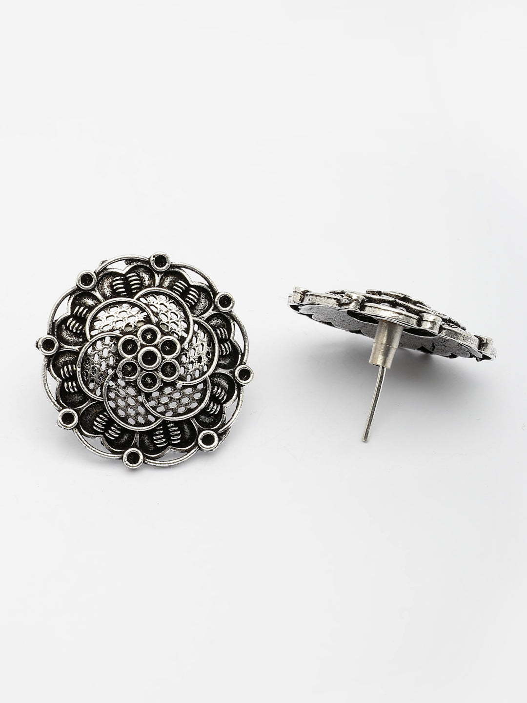 NVR Women's Silver Plated Oxidized Floral Design Stud Earrings