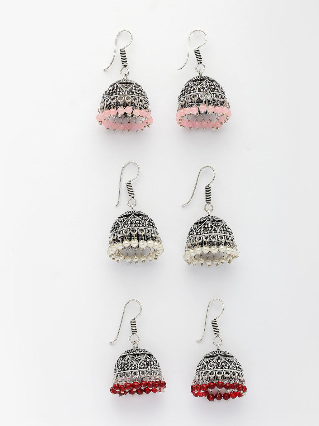 NVR Women Pair of 3 Oxidized Silver Plated Multicolor Artificial Beads Jhumka Earrings