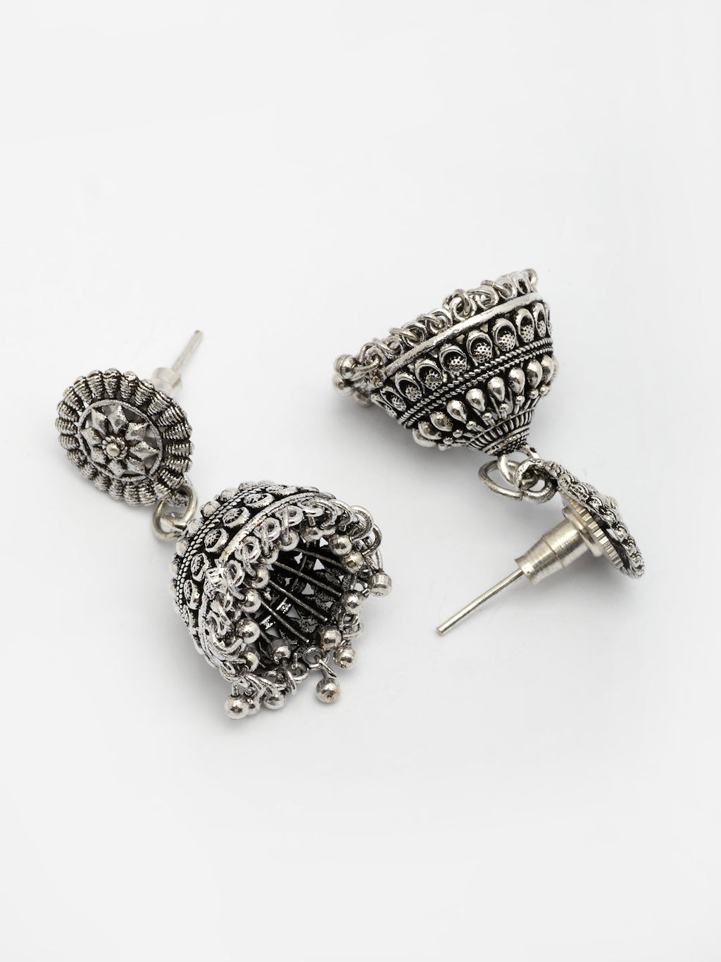 NVR Women Set of 2 Silver Plated Traditional Oxidized Jhumka Earrings