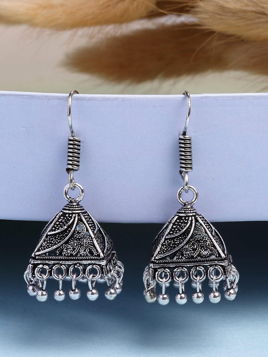 NVR Women's Set of 2 Ethnic Silver Plated Oxidized Circle Jhumka Earrings