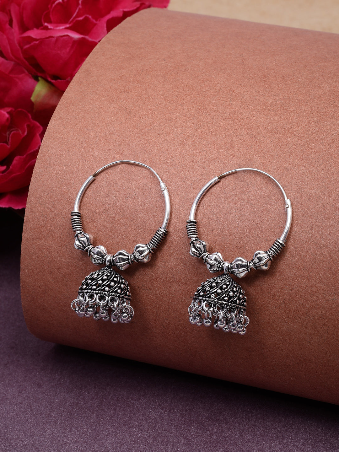 NVR Women's Set of 2 Ethnic Silver Plated Oxidized Circle Jhumka Earrings