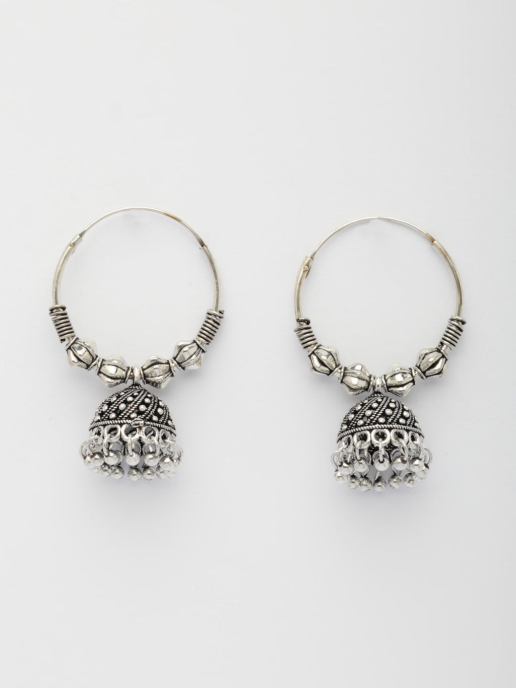 NVR Women's Set of 2 Ethnic Silver Plated Oxidized Circle Jhumka Earrings