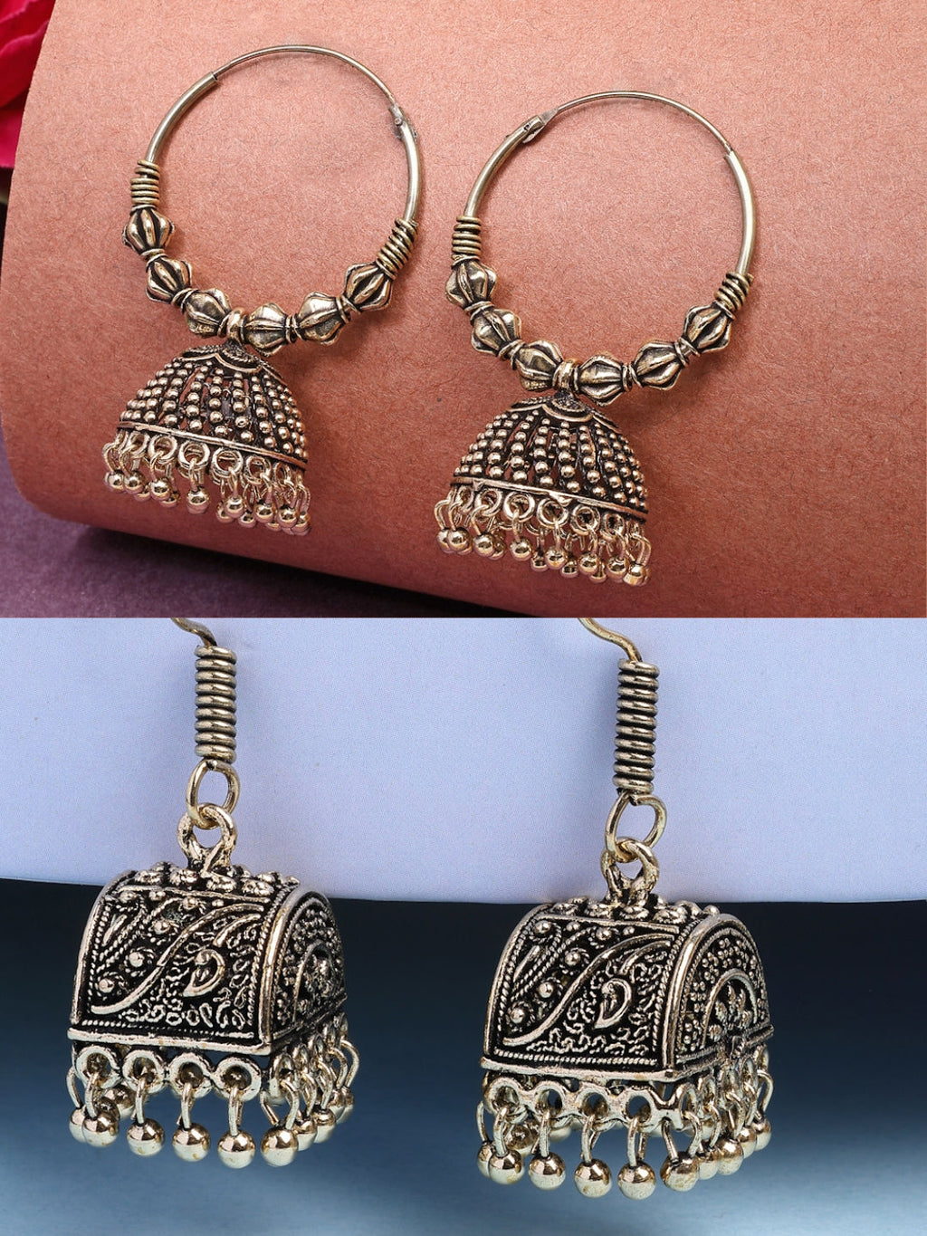 NVR Women Set of 2 Gold-Polished Oxidized Contemporary Jhumka Earrings