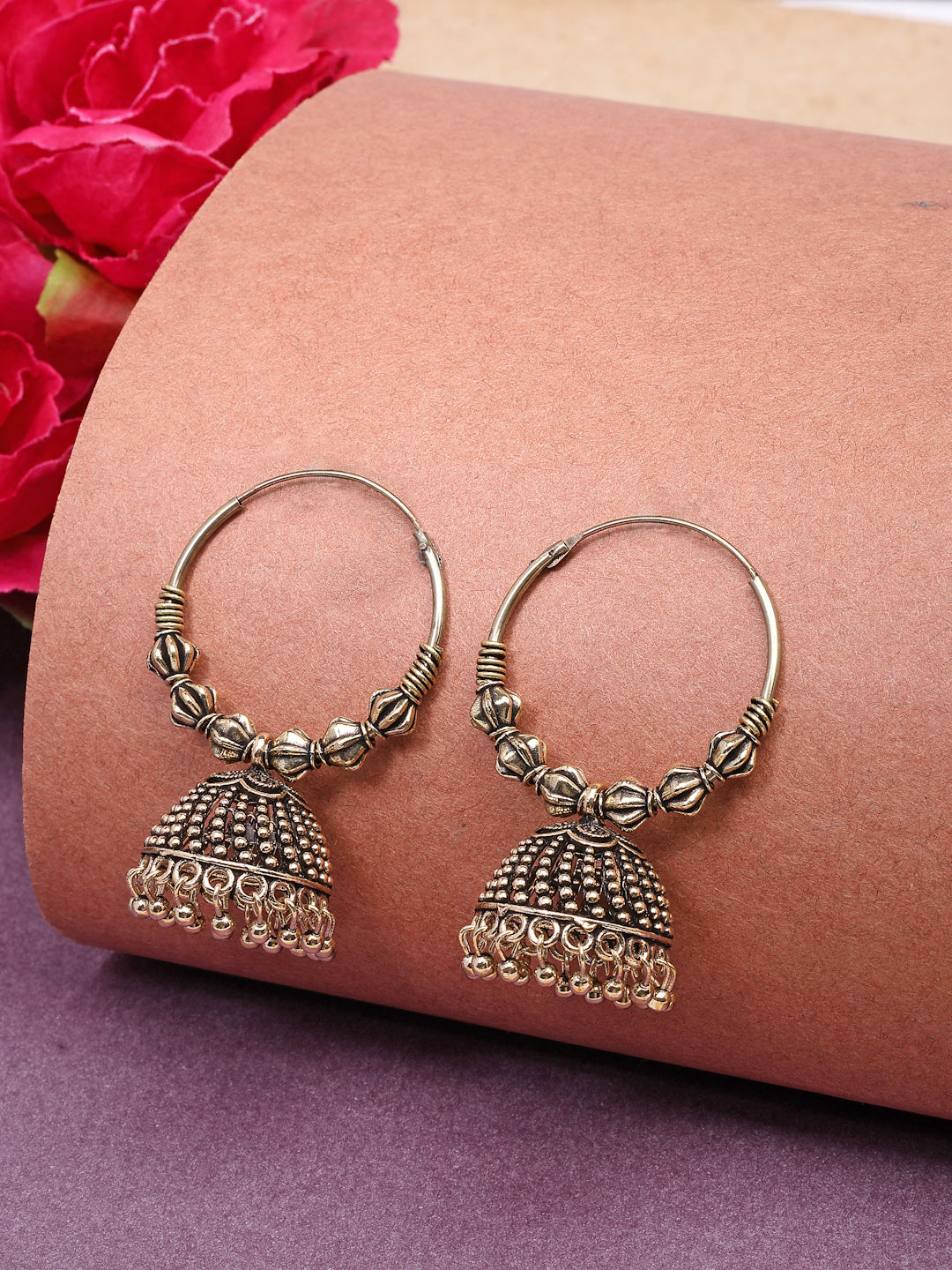 NVR Women Set of 2 Gold-Polished Oxidized Contemporary Jhumka Earrings