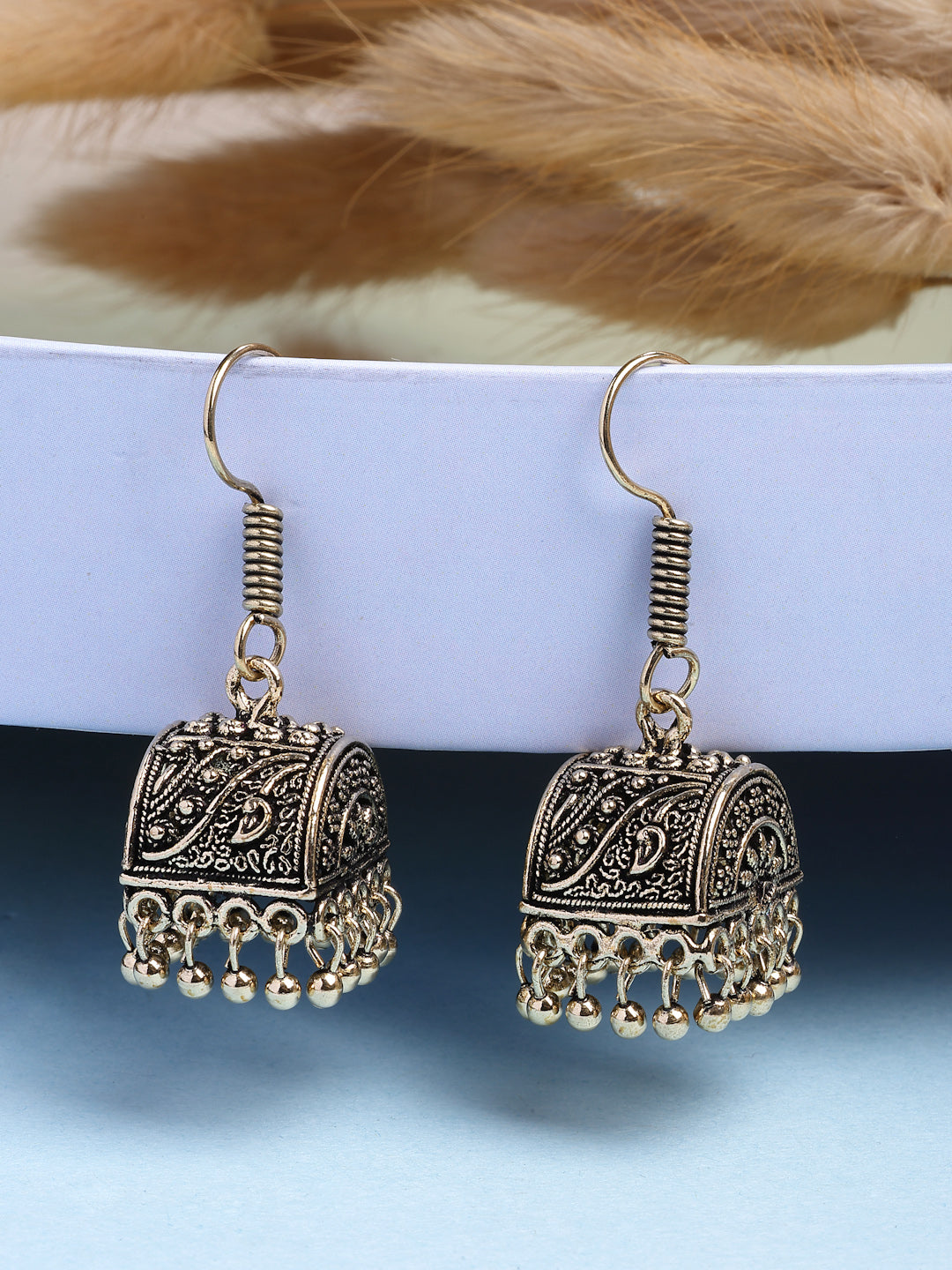 NVR Women Set of 2 Gold-Polished Oxidized Contemporary Jhumka Earrings