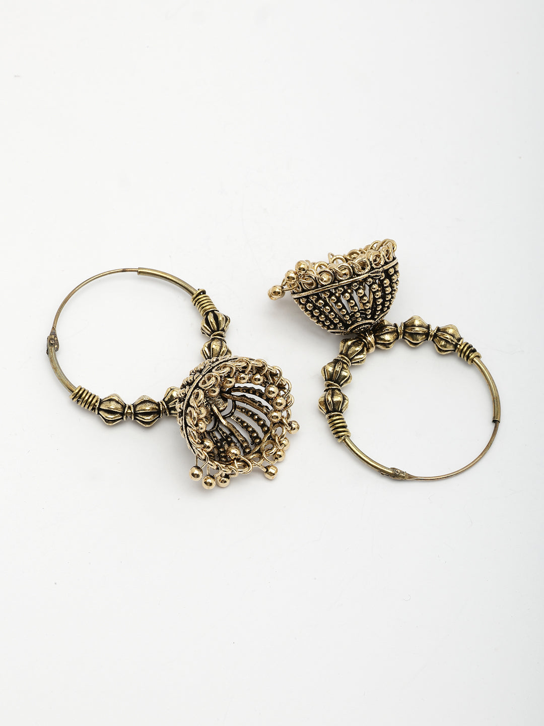 NVR Women Set of 2 Gold-Polished Oxidized Contemporary Jhumka Earrings