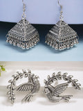 NVR Women Silver Toned Oxidized Set of 2 Jhumka & Drop Earrings