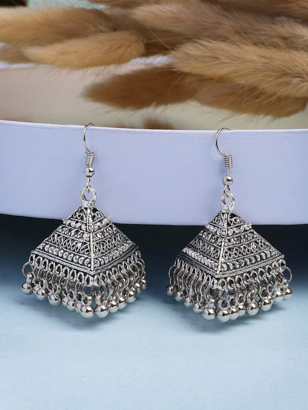 NVR Women Silver Toned Oxidized Set of 2 Jhumka & Drop Earrings
