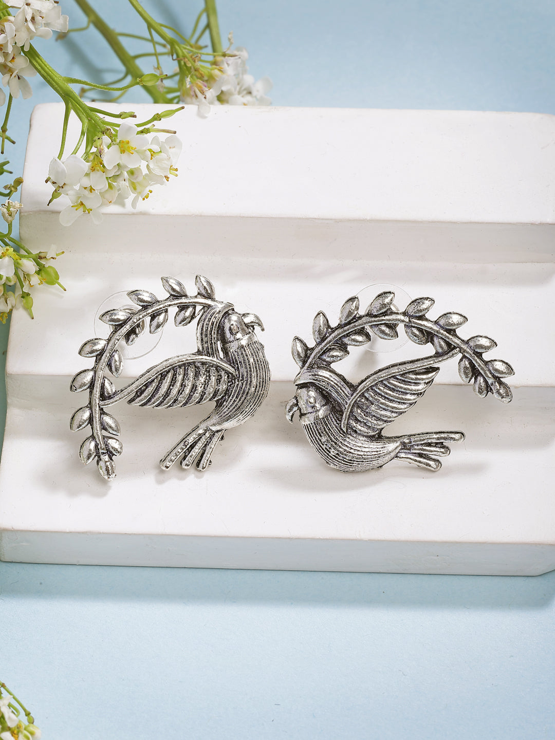 NVR Women Silver Toned Oxidized Set of 2 Jhumka & Drop Earrings