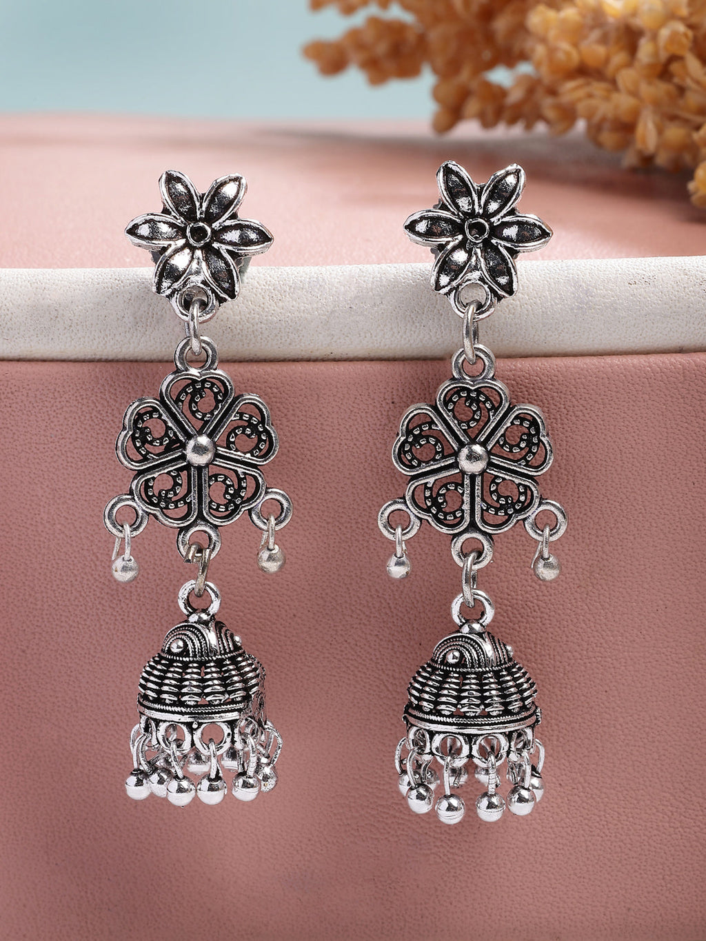 NVR Women Set of 2 Silver Toned Oxidized Jhumka Earrings