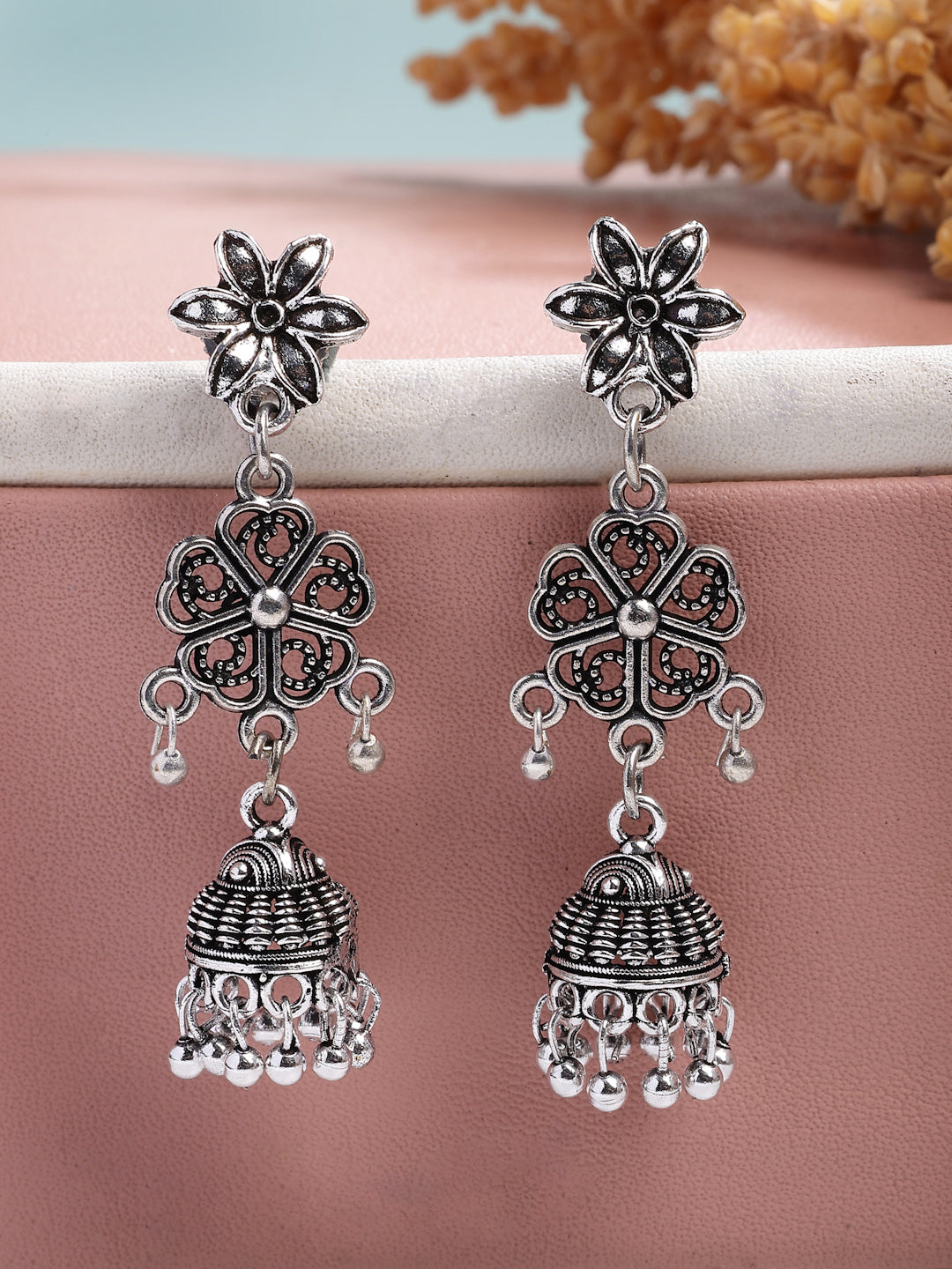 NVR Women Set of 2 Silver Toned Oxidized Jhumka Earrings