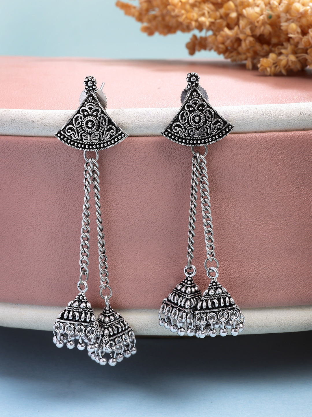 NVR Women Set of 2 Silver Toned Oxidized Jhumka Earrings