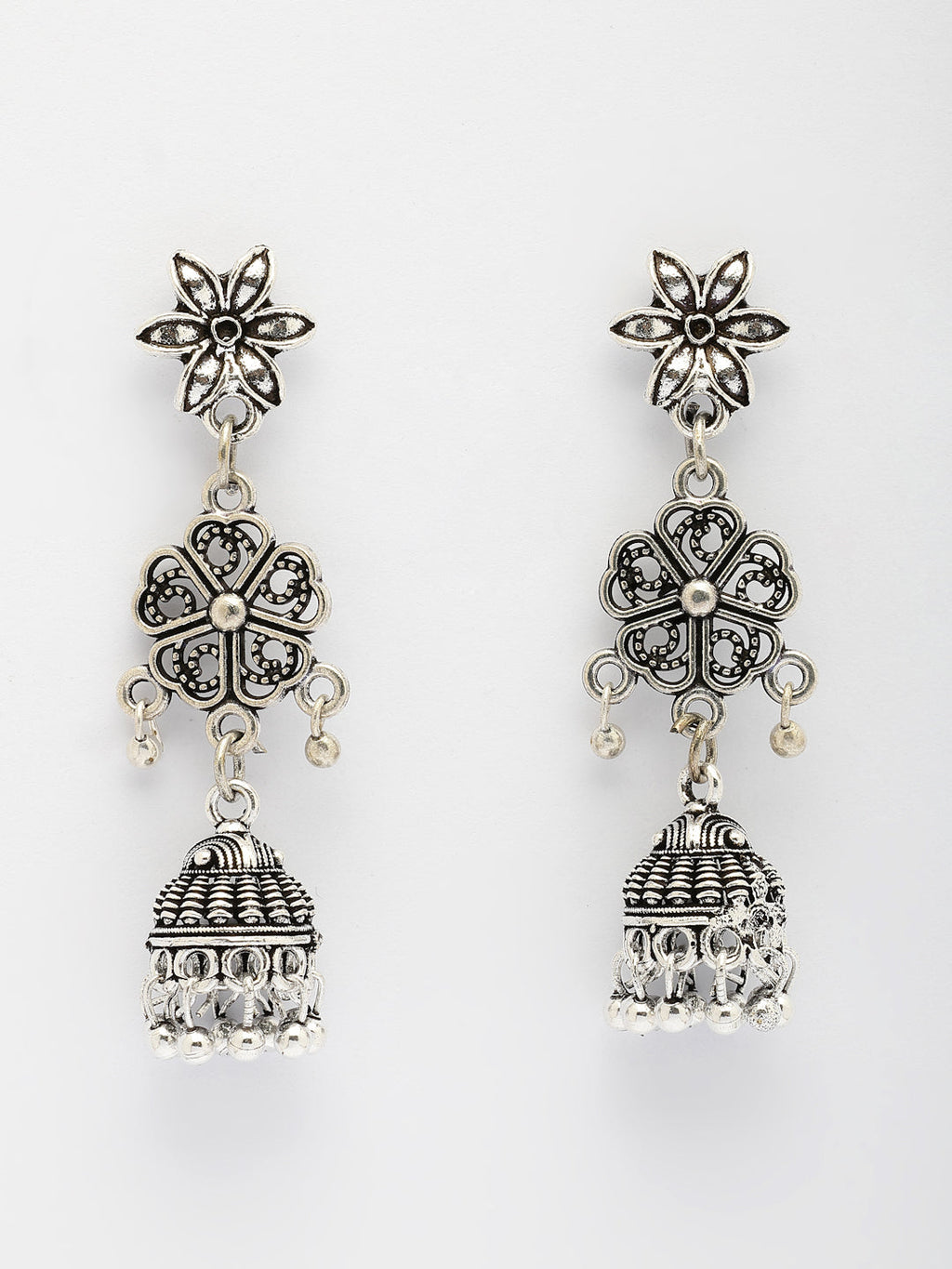 NVR Women Set of 2 Silver Toned Oxidized Jhumka Earrings