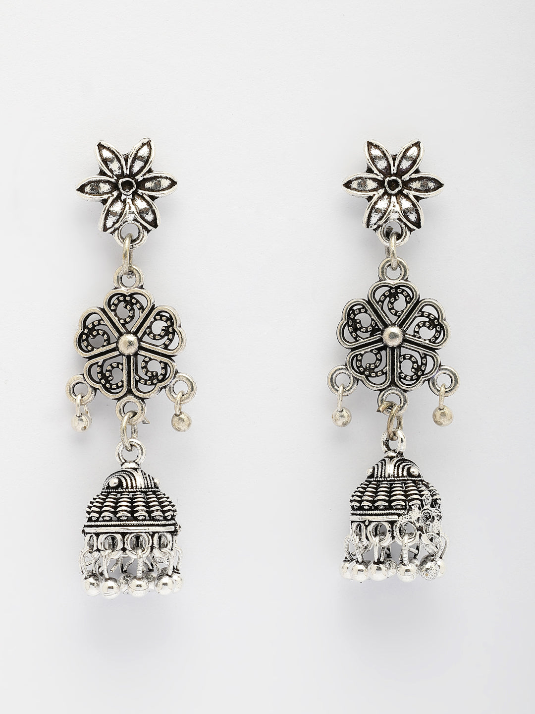 NVR Women Set of 2 Silver Toned Oxidized Jhumka Earrings