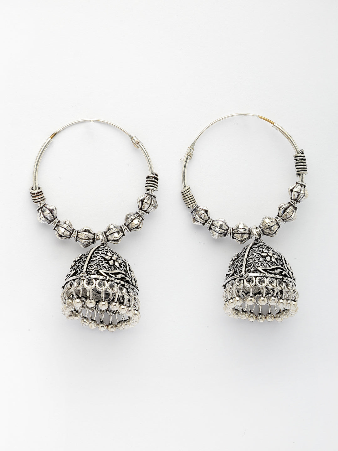 NVR Women's Set of 2 Silver Plated Oxidized Contemporary Jhumka Earrings