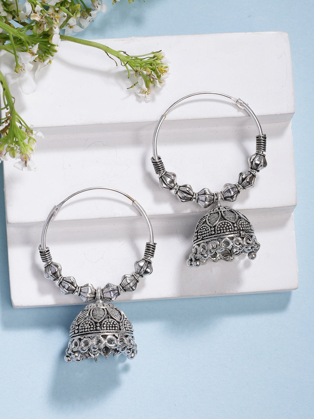 NVR Women's Handmade Set of 2 Oxidized Traditional Jhumka Earrings