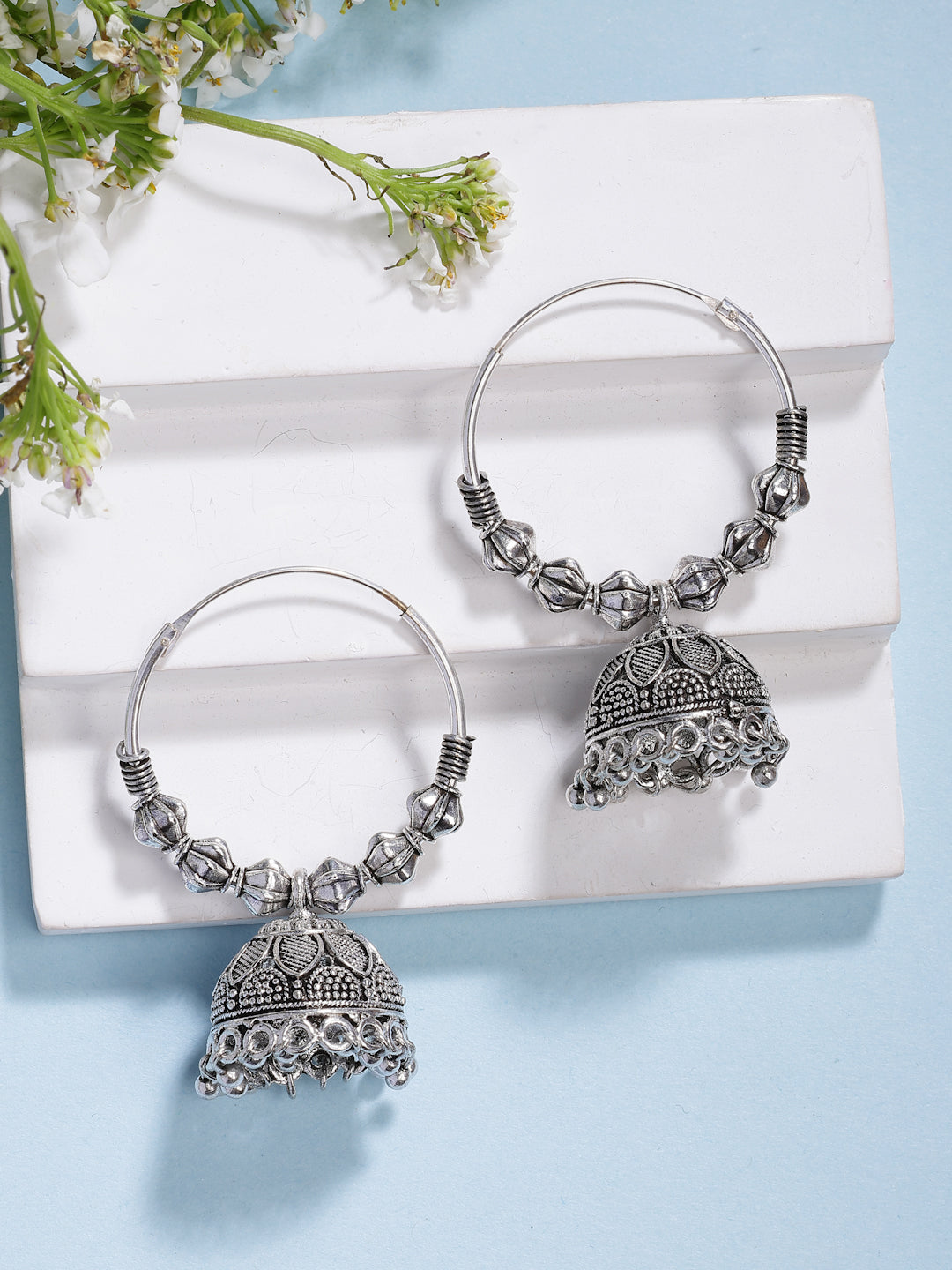 NVR Women's Handmade Set of 2 Oxidized Traditional Jhumka Earrings