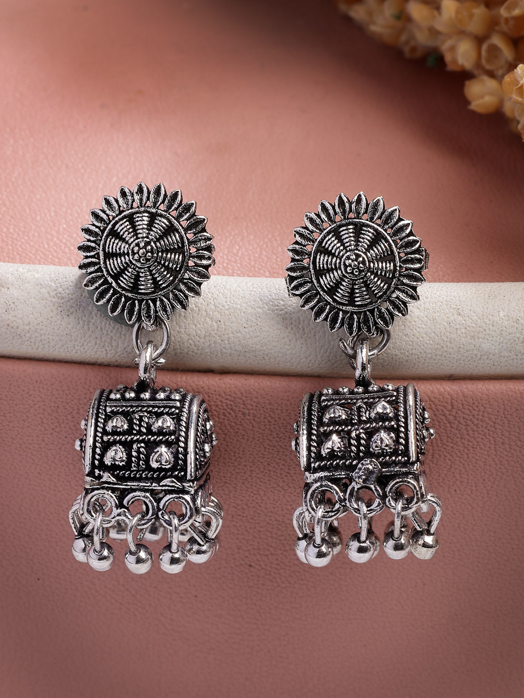 NVR Women Set of 2 Oxidized Contemporary Jhumka Earrings