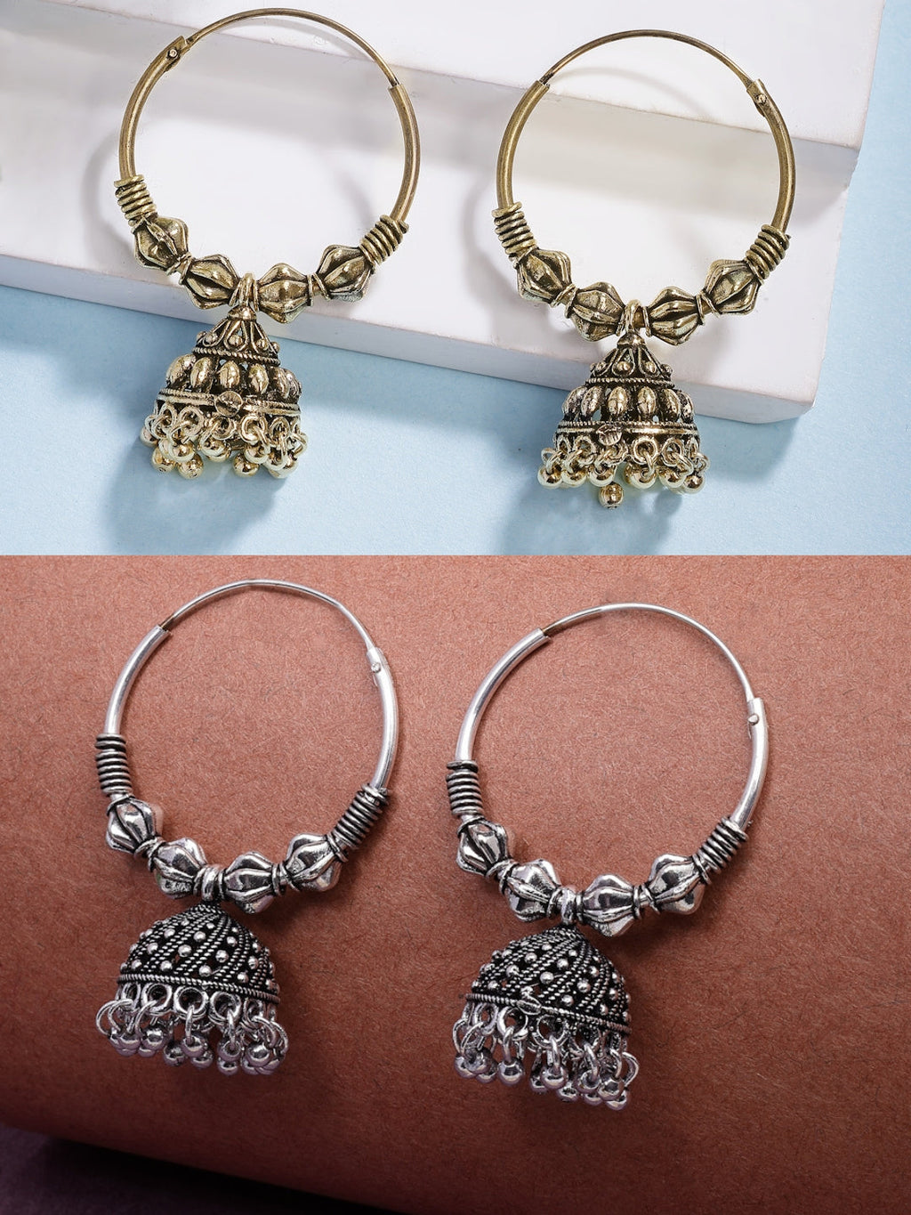 NVR Women's Traditional Set of 2 Oxidized Jhumka Earrings