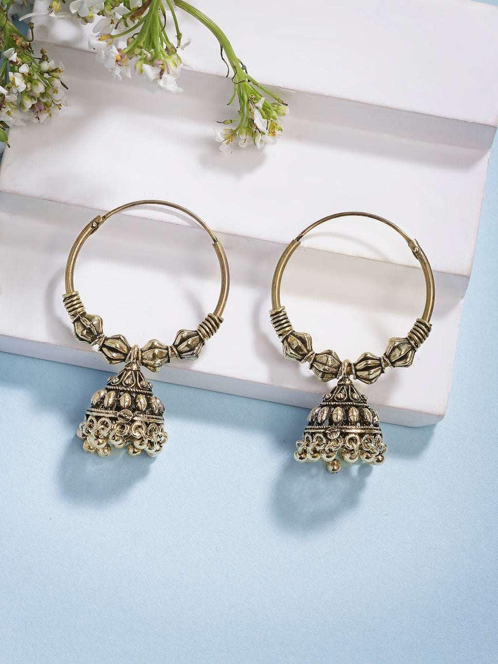 NVR Women's Traditional Set of 2 Oxidized Jhumka Earrings