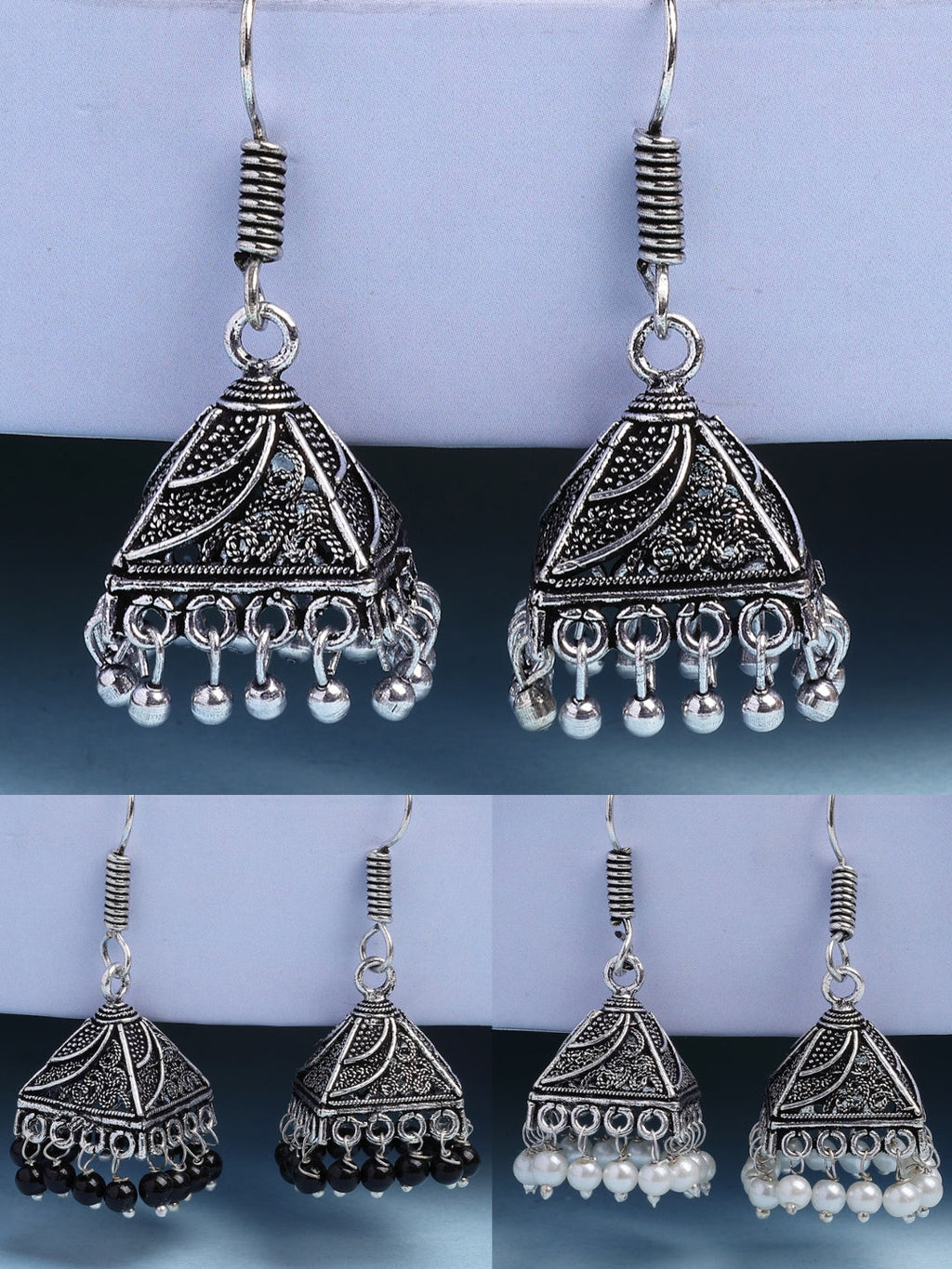 NVR Women's Set of 3 Oxidized Silver Plated Artificial Beads Jhumka Earrings