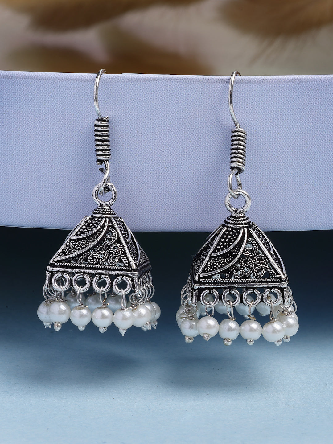 NVR Women's Set of 3 Oxidized Silver Plated Artificial Beads Jhumka Earrings