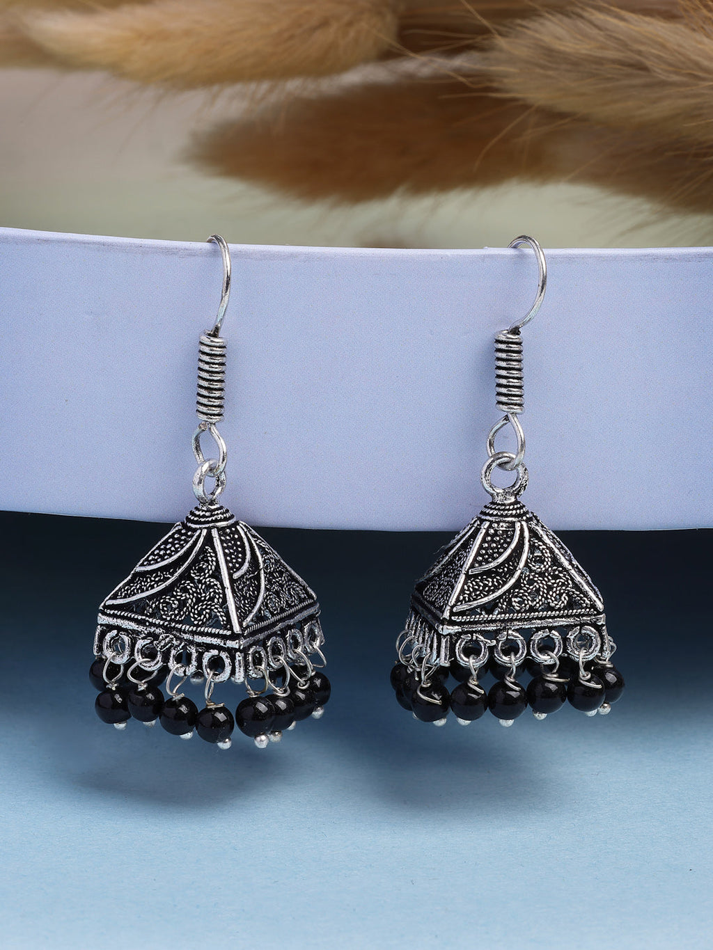 NVR Women's Set of 3 Oxidized Silver Plated Artificial Beads Jhumka Earrings