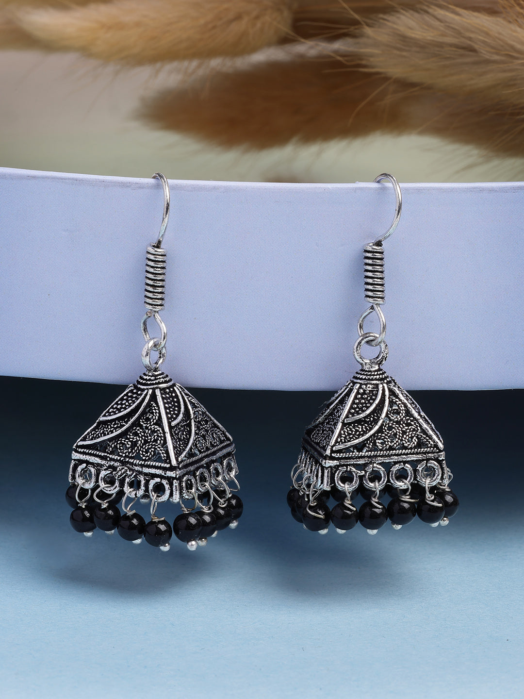 NVR Women's Set of 3 Oxidized Silver Plated Artificial Beads Jhumka Earrings