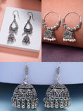 NVR Women Set of 3 German Silver Oxidized Traditional Jhumka Earrings