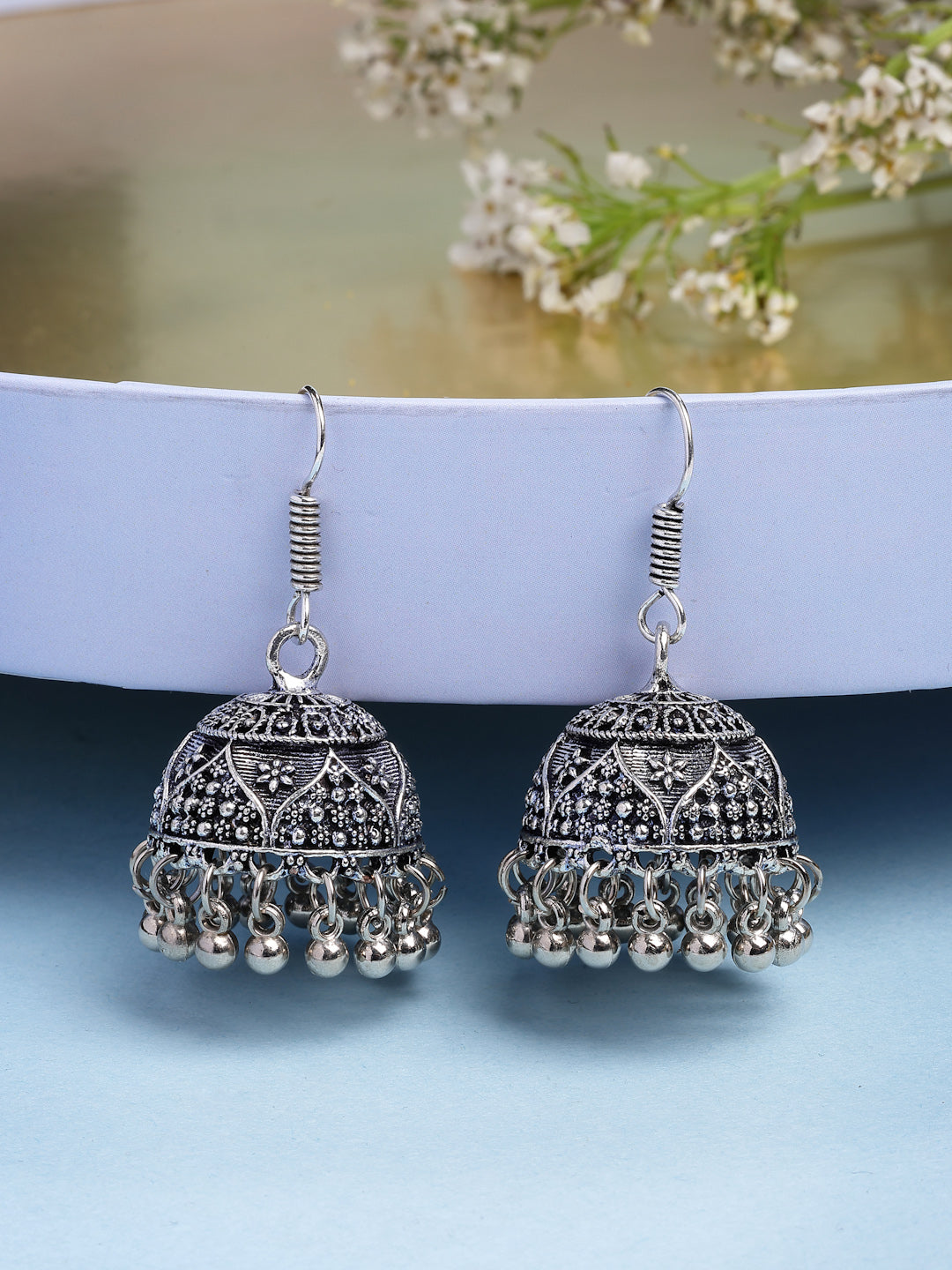 NVR Women Set of 3 German Silver Oxidized Traditional Jhumka Earrings