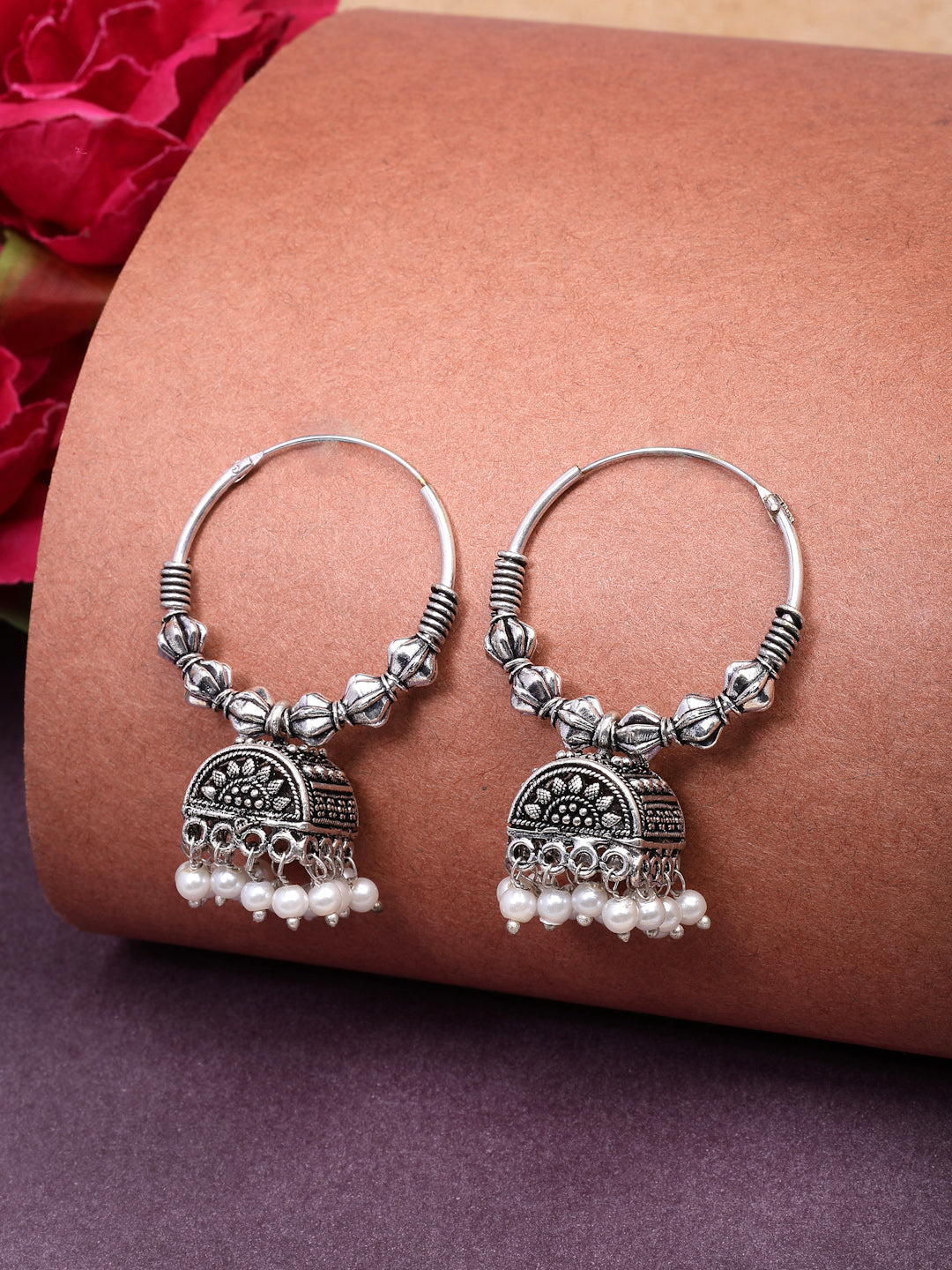 NVR Women Set of 3 German Silver Oxidized Traditional Jhumka Earrings