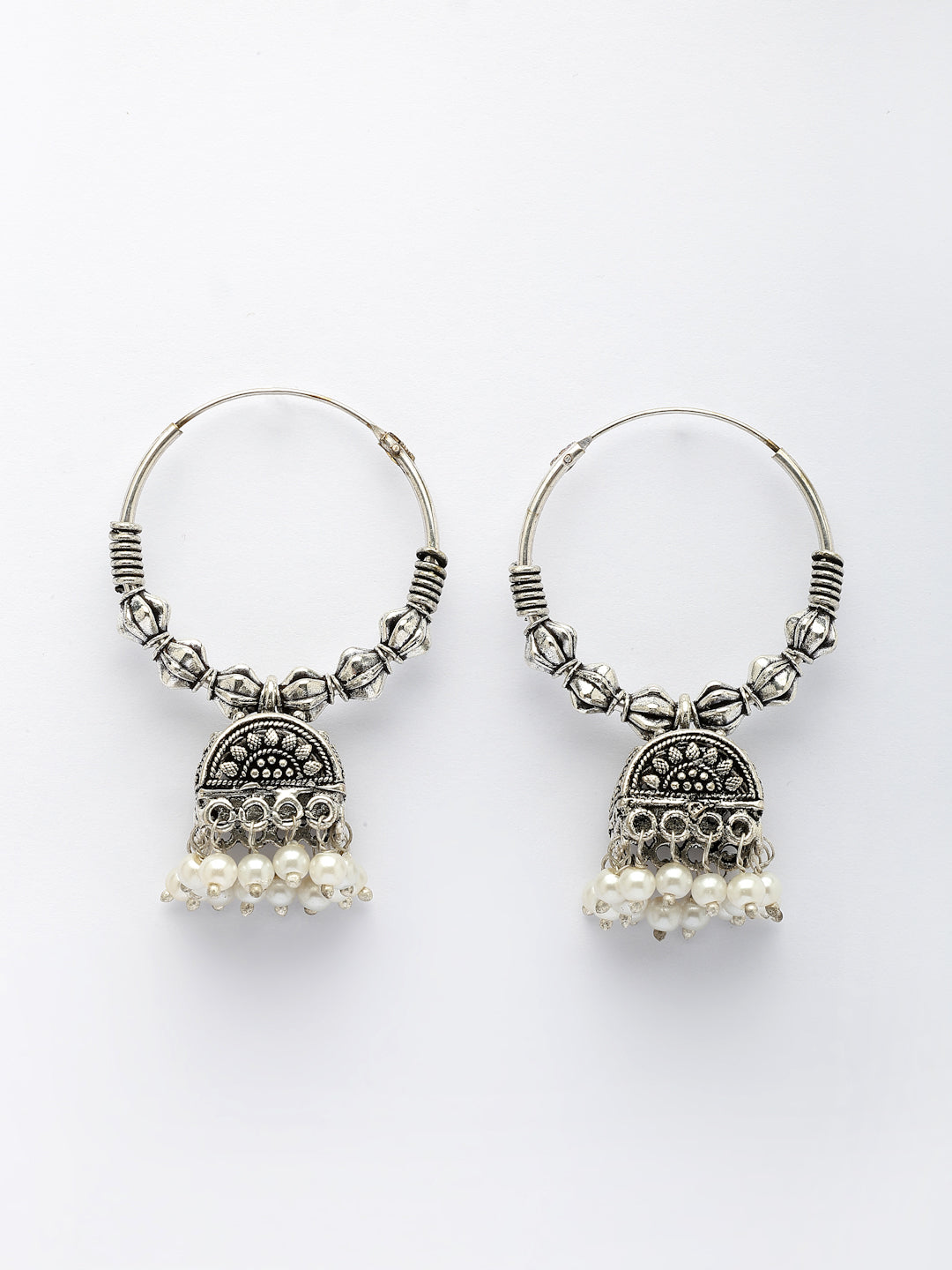NVR Women Set of 3 German Silver Oxidized Traditional Jhumka Earrings