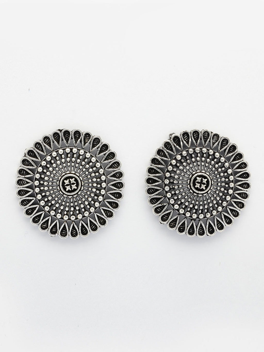NVR Women Set of 3 Silver Plated Round Shape Oxidized Traditional Jhumka & Stud Earrings