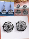 NVR Women Set of 3 Silver Plated Round Shape Oxidized Traditional Jhumka & Stud Earrings