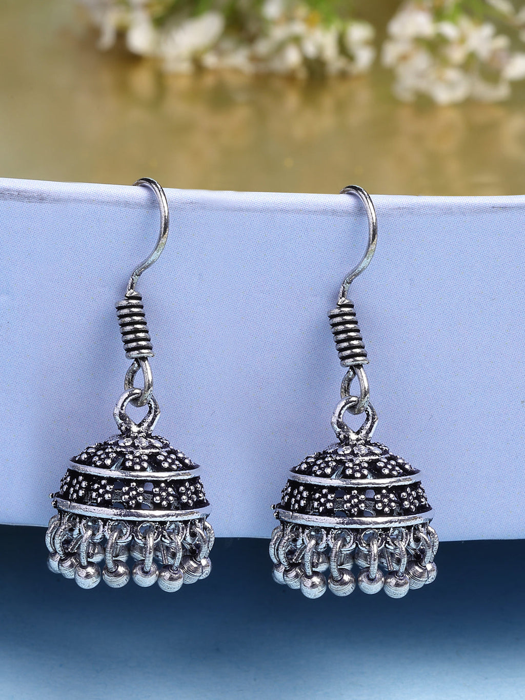 NVR Women Set of 3 Silver Plated Round Shape Oxidized Traditional Jhumka & Stud Earrings