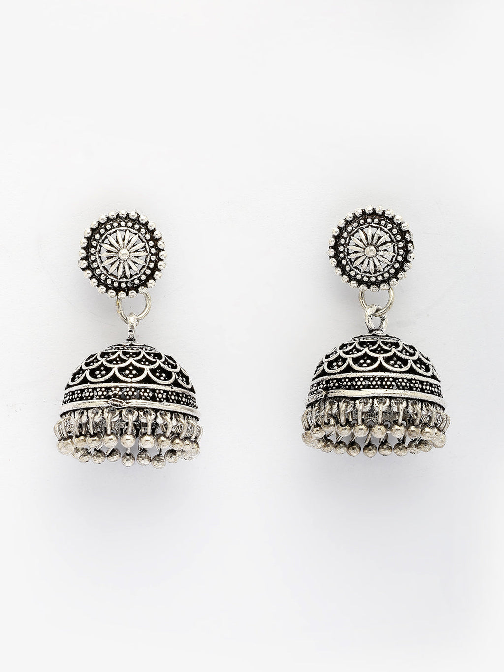 NVR Women Set of 3 Silver Plated Round Shape Oxidized Traditional Jhumka & Stud Earrings