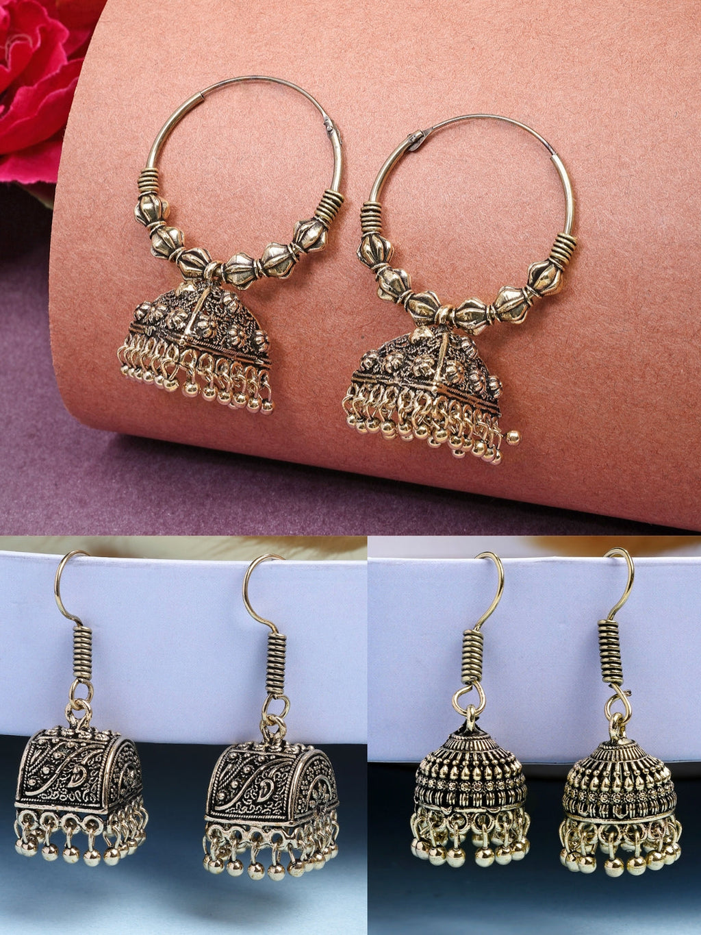NVR Women Set of 3 Gold-Polished Oxidized Contemporary Jhumka Earrings