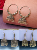 NVR Women Set of 3 Gold-Polished Oxidized Contemporary Jhumka Earrings