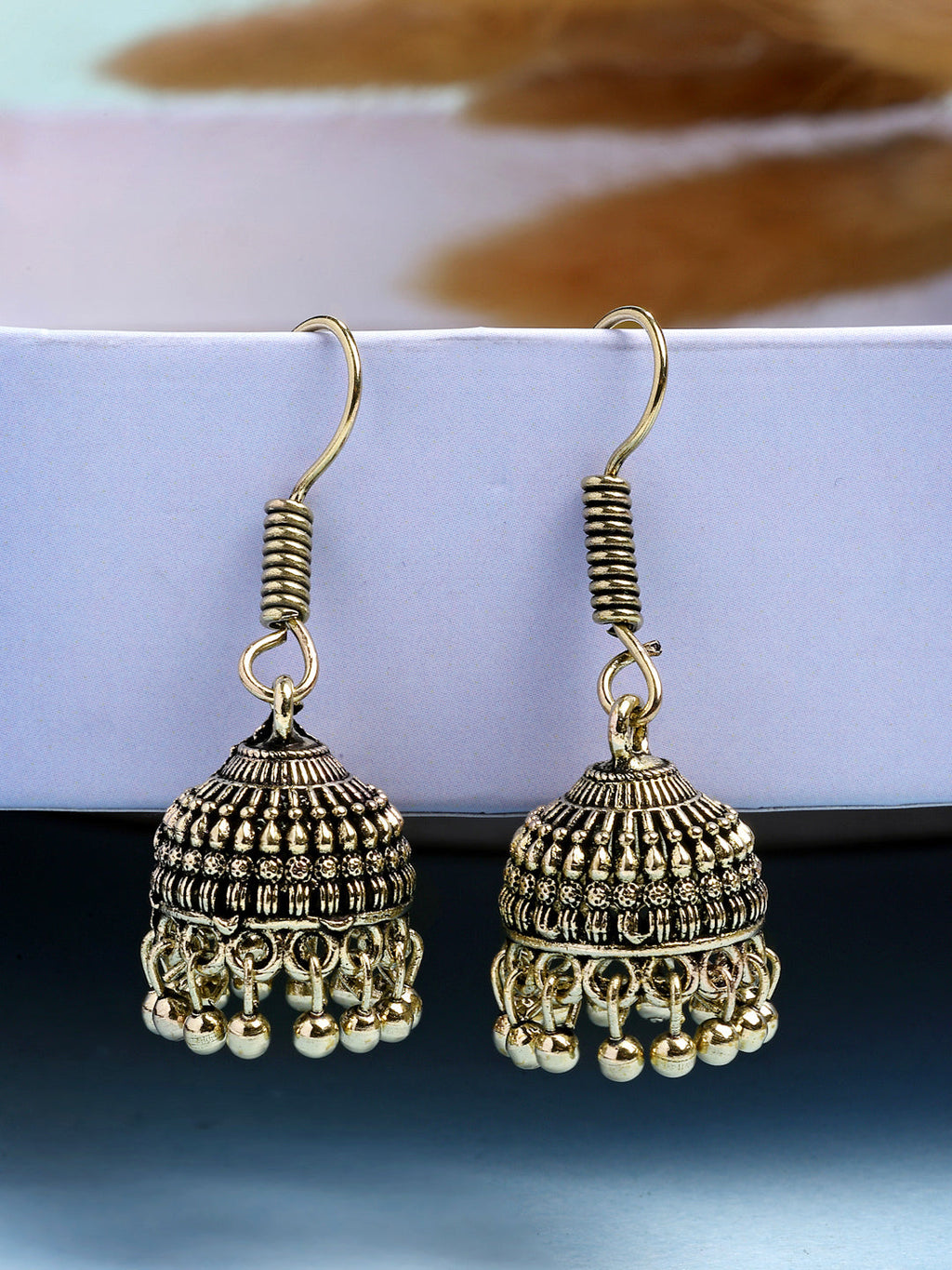 NVR Women Set of 3 Gold-Polished Oxidized Contemporary Jhumka Earrings