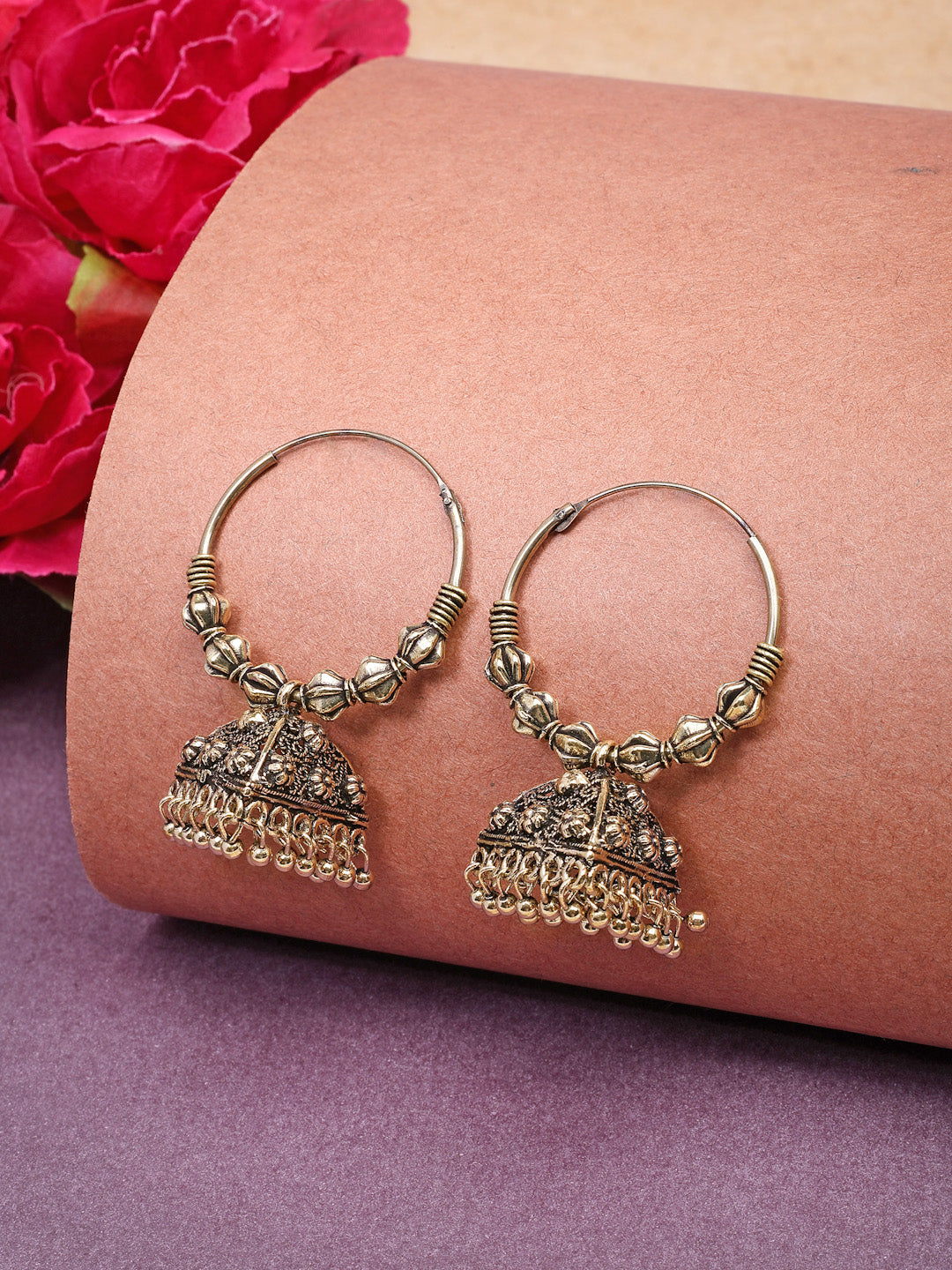 NVR Women Set of 3 Gold-Polished Oxidized Contemporary Jhumka Earrings