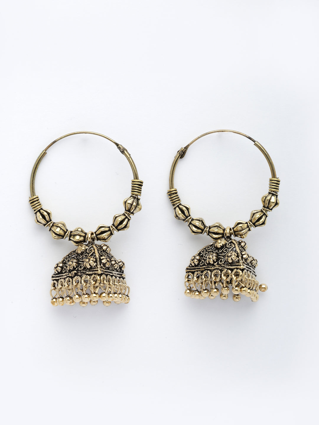NVR Women Set of 3 Gold-Polished Oxidized Contemporary Jhumka Earrings