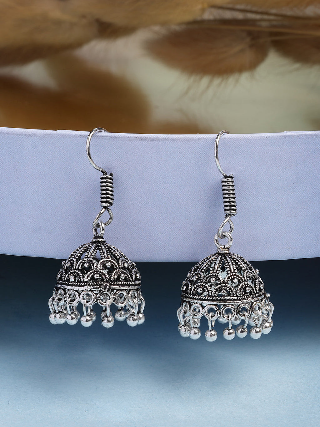 NVR Women Set of 3 Silver-Plated Oxidized Contemporary Jhumkas & Stud Earrings