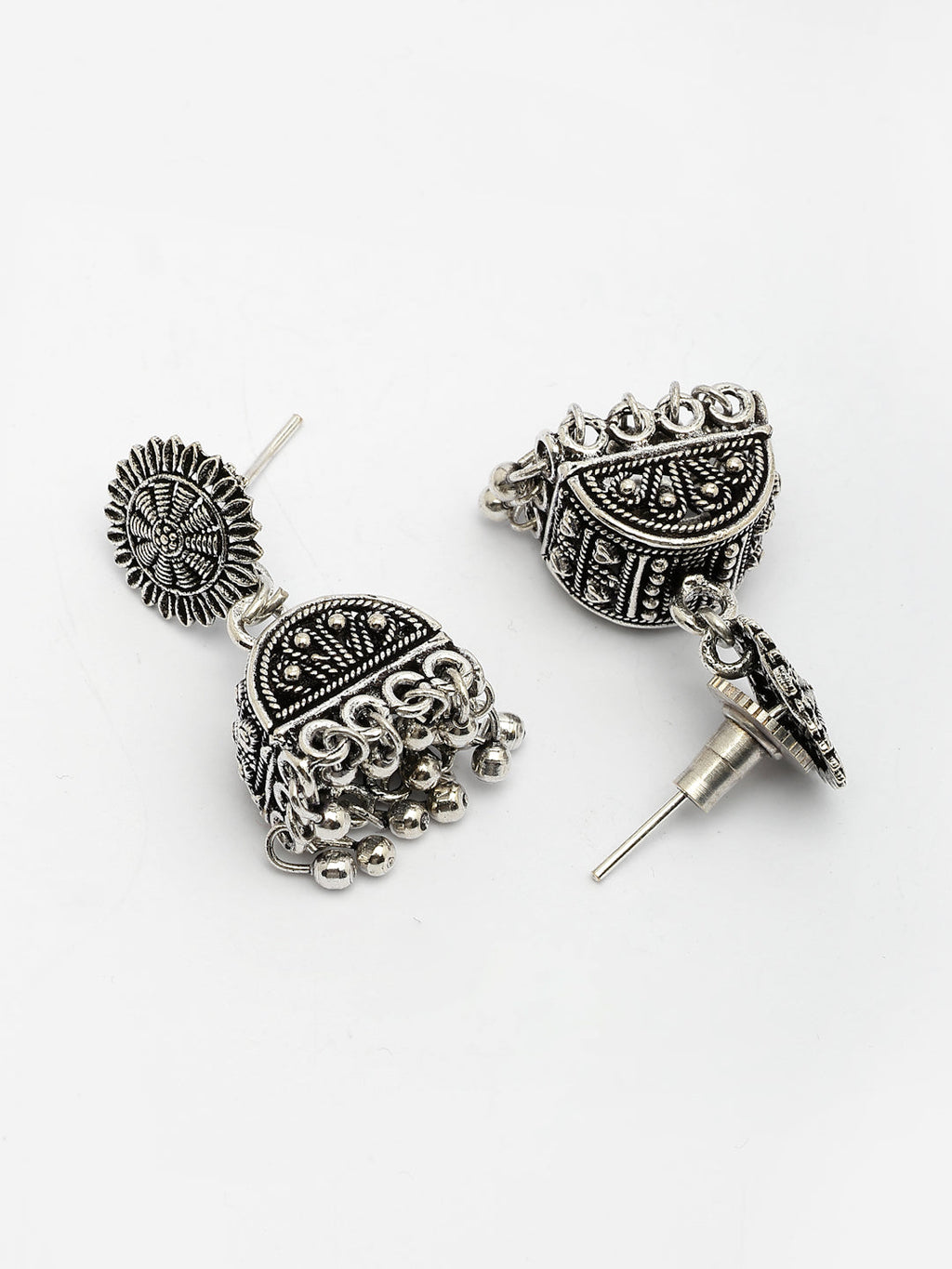 NVR Women Set of 3 Silver-Plated Oxidized Contemporary Jhumkas & Stud Earrings